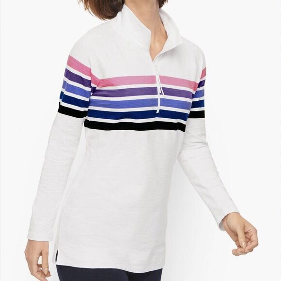 Talbots Sweatshirt XS Small Cozy Crush White Striped 1/4 Zip Pullover UPF 50 - Picture 2 of 11